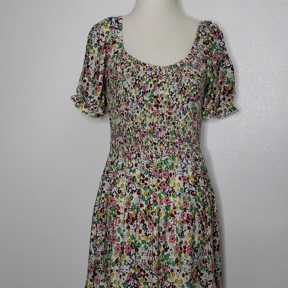 Boutique Boho Summer Floral Midi Dress Ruffle Calico Smocking Bohemian - Picture 6 of 14